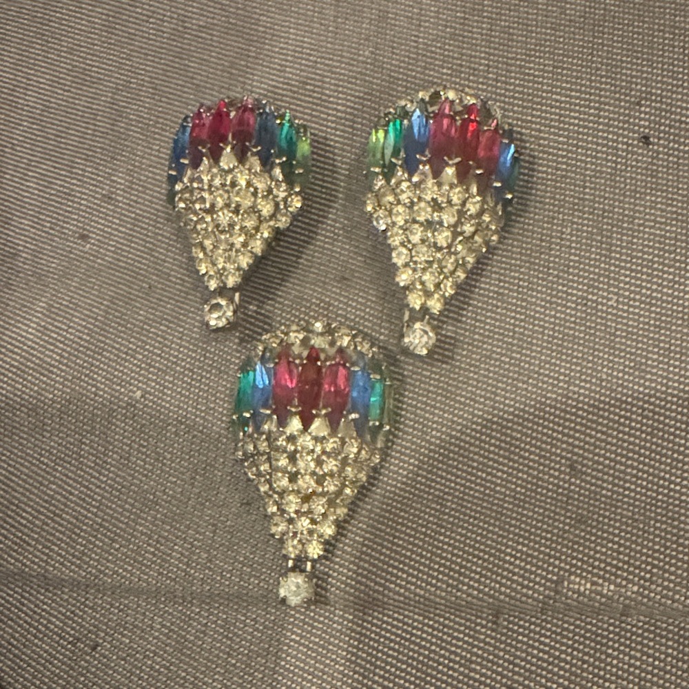 Colorful Rhinestone Hot Air Balloon Brooch and Earring Set